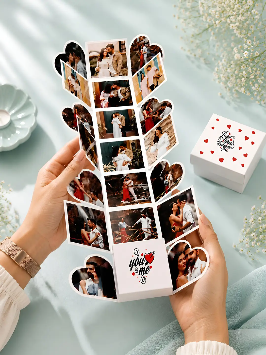 Handmade personalized rollout explosion box greeting card with multiple photo panels, heart-shaped flaps, and memory album design for anniversary, birthday, Valentine's Day, and special occasions.