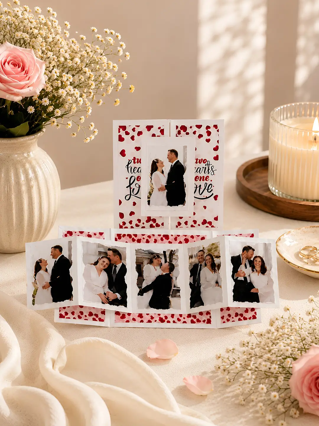 Handmade accordion gate fold greeting card with personalized photo panels, romantic heart design, and customizable layout for anniversaries, birthdays, weddings, Valentine's Day, and special occasions.