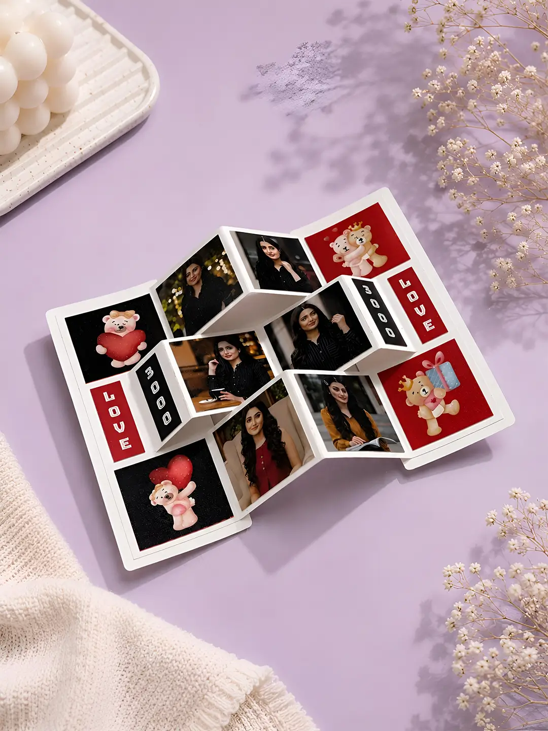 Handmade shutter photo pop greeting card featuring an interactive folding design with personalized photo panels, perfect for anniversaries, birthdays, Valentine's Day, weddings, and special occasions.