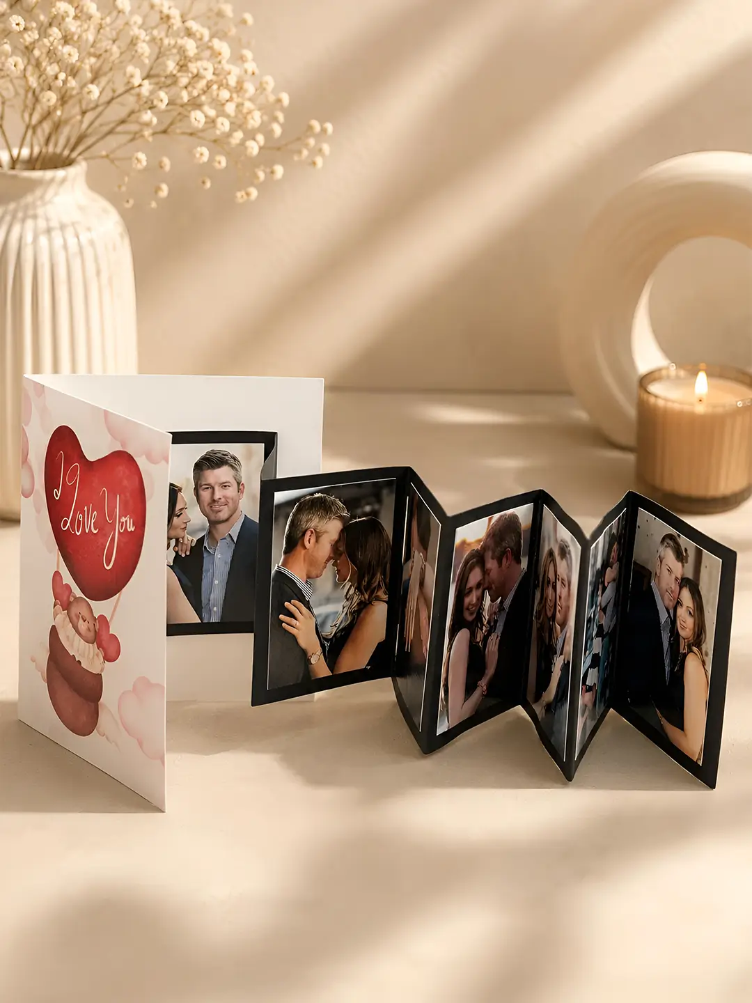 Personalized Accordion Pull Out Card with 15 custom couple photos unfolding from a romantic Love You greeting card