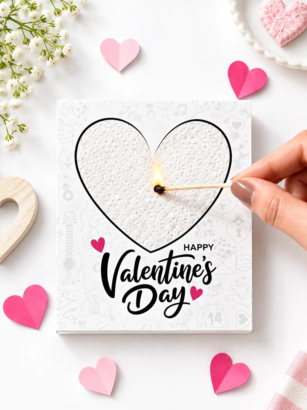 Happy Valentine Burnout Fire Card with heart-shaped tissue centre for burning to reveal a hidden Valentine love message