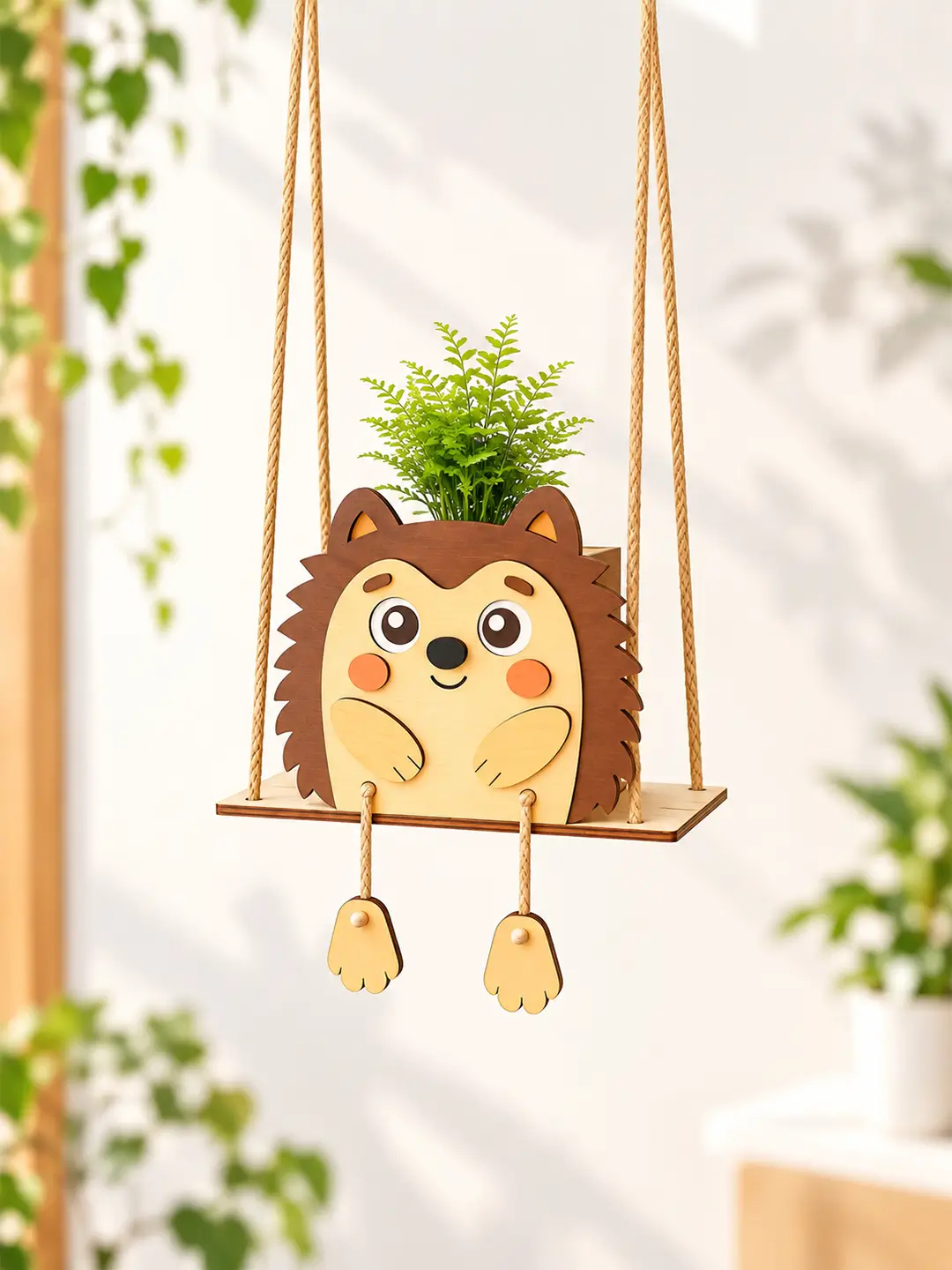 DIY Hedgehog Swinger Planter for Kids 4MM MDF wooden craft kit with laser-cut hedgehog pieces, swing, paints, brush and rope