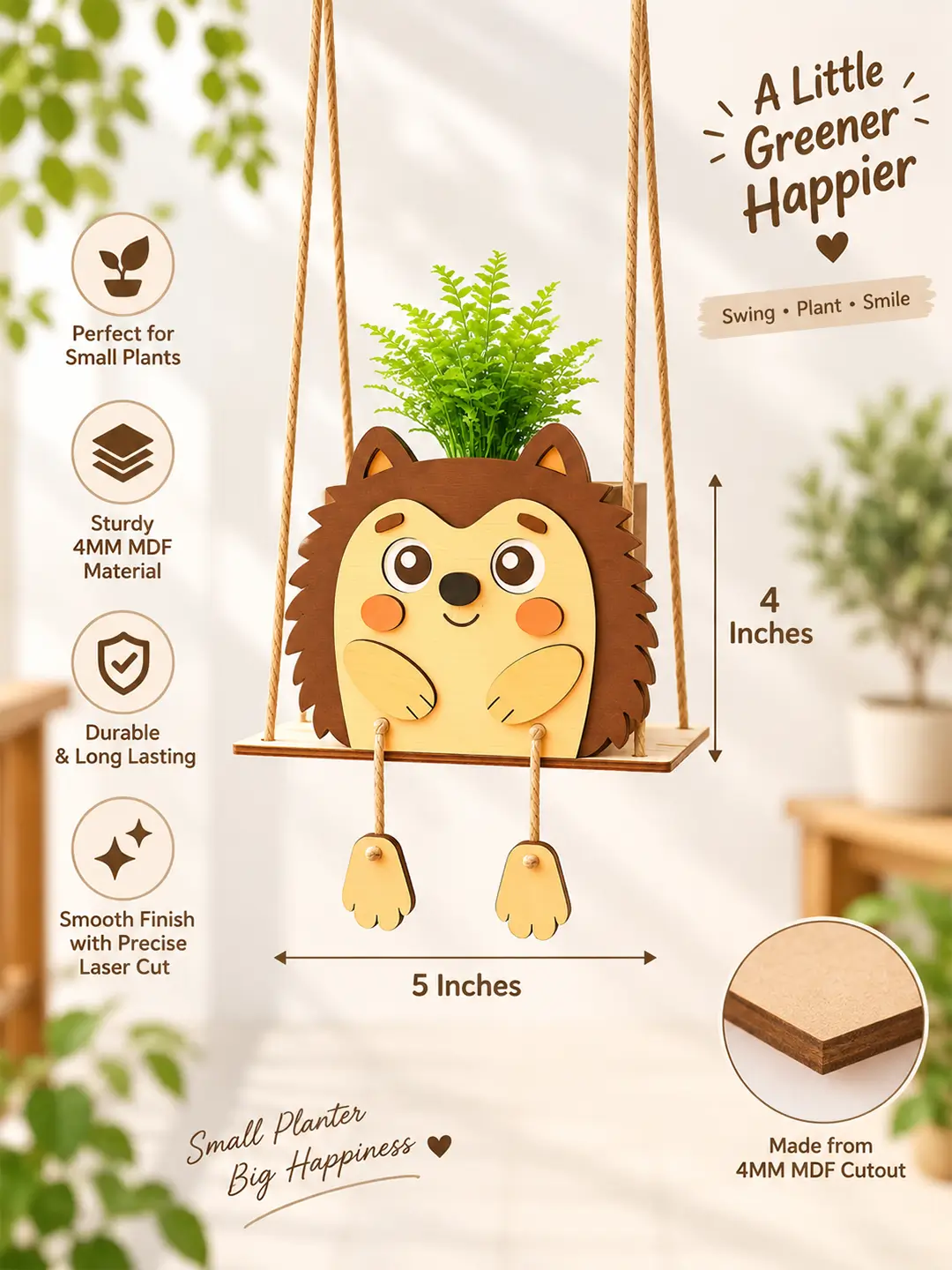 DIY Hedgehog Swinger Planter for Kids – 4MM MDF Wooden Painting & Craft Kit | Ages 6–10 | Birthday Return Gift