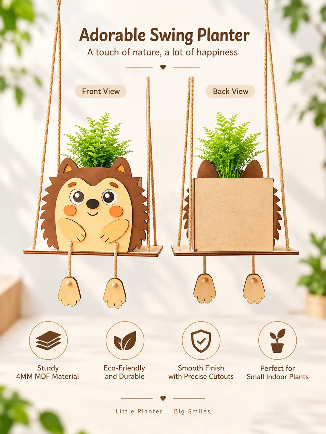 DIY Hedgehog Swinger Planter for Kids – 4MM MDF Wooden Painting & Craft Kit | Ages 6–10 | Birthday Return Gift
