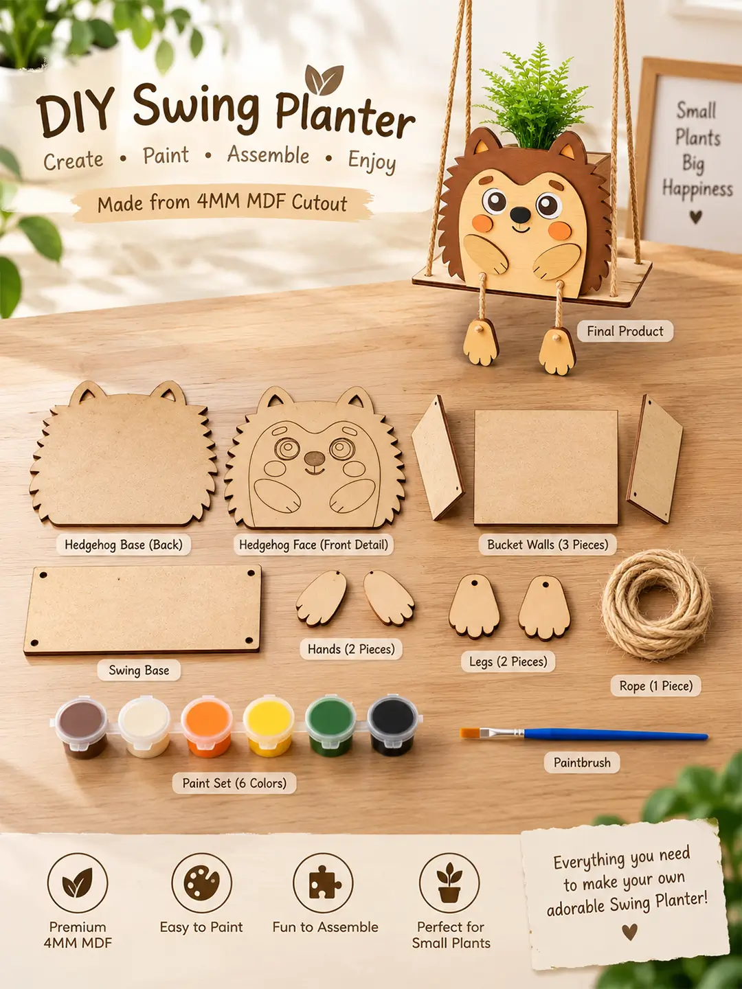 DIY Hedgehog Swinger Planter for Kids – 4MM MDF Wooden Painting & Craft Kit | Ages 6–10 | Birthday Return Gift