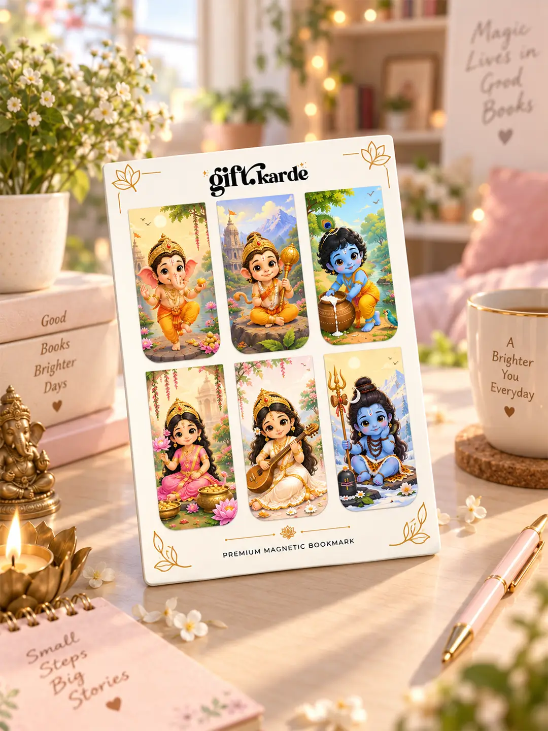 Hindu Gods Magnetic Bookmark set of 6 featuring colorful devotional illustrations of Hindu deities