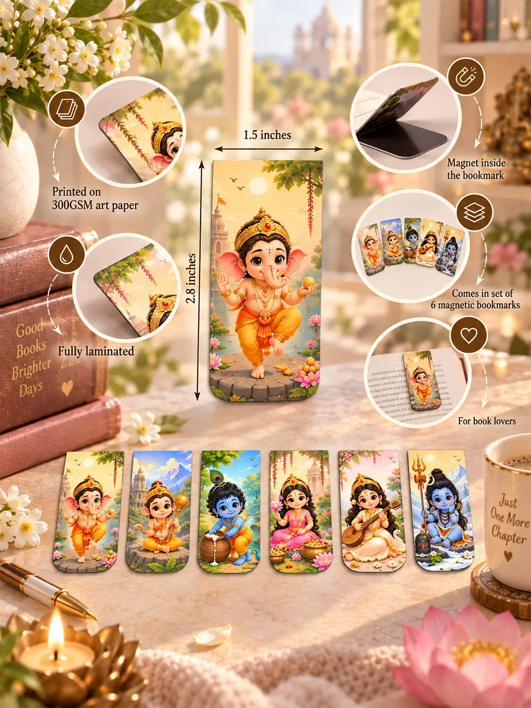 Hindu Gods Magnetic Bookmark – Set of 6 Divine Bookmarks for Devotional Readers & Book Lovers
