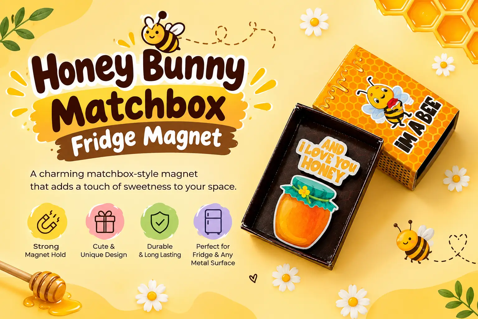 Honey Bunny Matchbox Fridge Magnet with cute bee and honey jar design