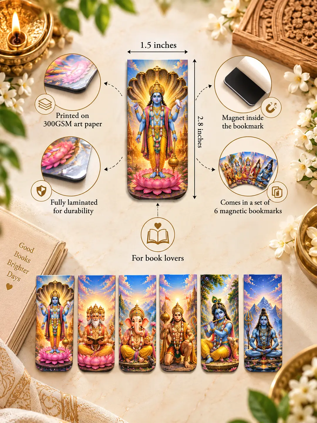 Indian God Magnetic Bookmark Set of 6 – Laminated Religious Magnetic Bookmarks for Book Lovers