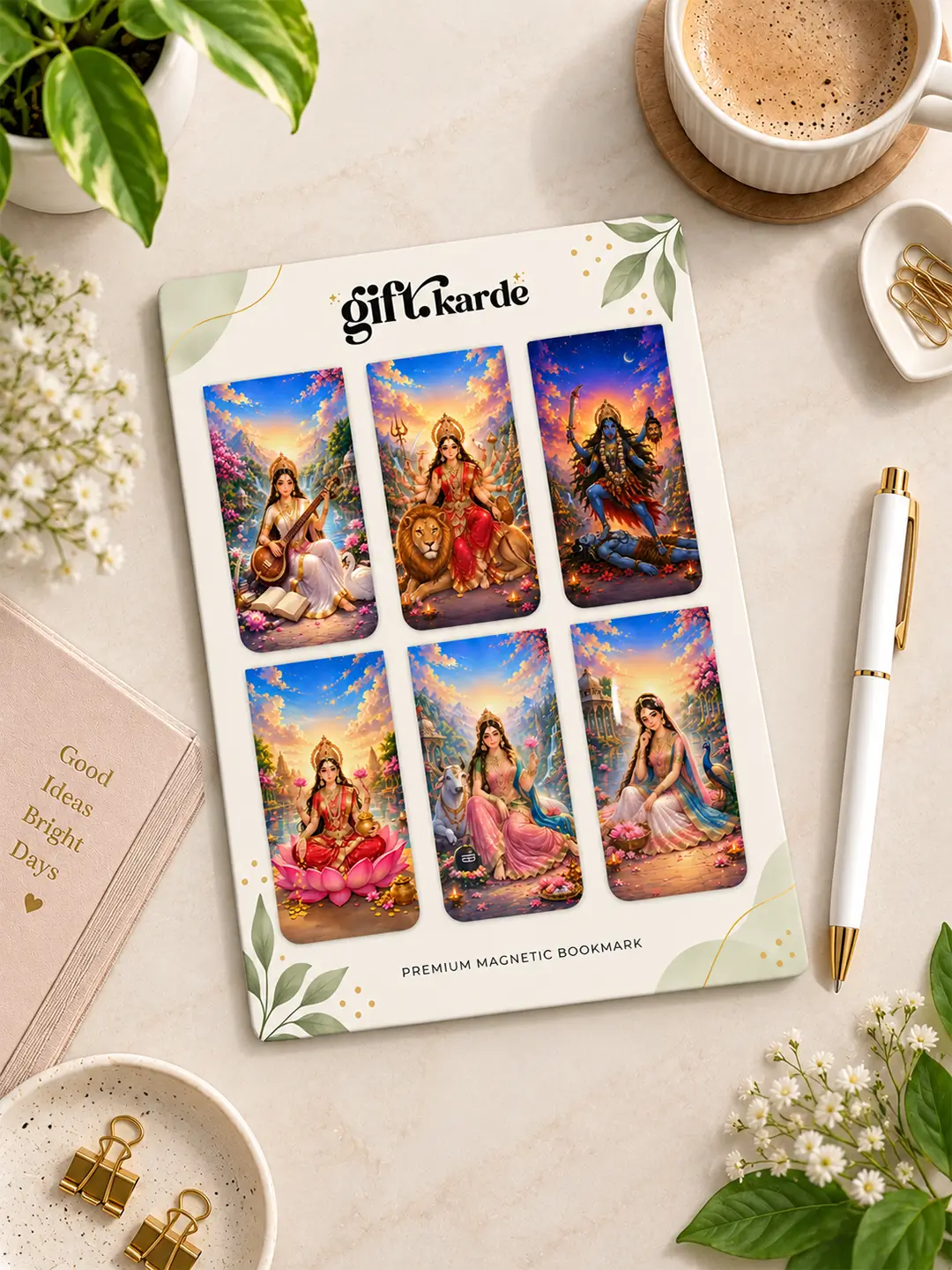 Indian Goddesses Magnetic Bookmark Set of 6 with laminated goddess designs 1