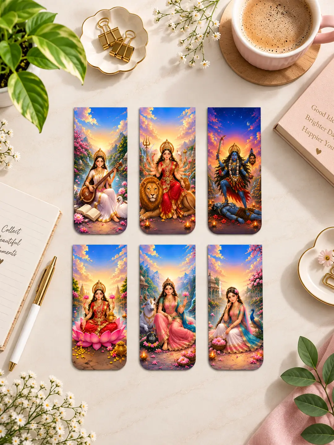 Indian Goddesses Magnetic Bookmark Set of 6 – Laminated Religious Bookmarks for Book Lovers