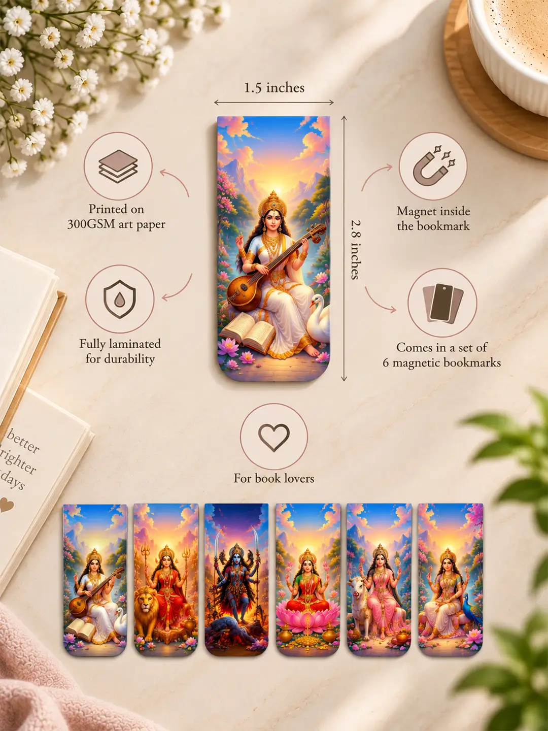 Indian Goddesses Magnetic Bookmark Set of 6 – Laminated Religious Bookmarks for Book Lovers