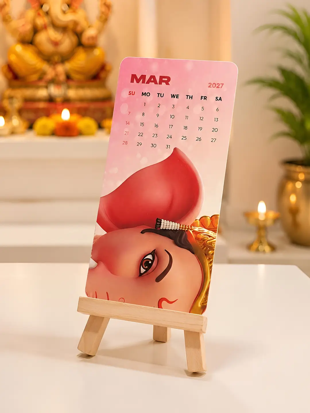 Lord Ganesha Mini Desk Calendar 2027 with Wooden Stand for Office Desk and Home Decor