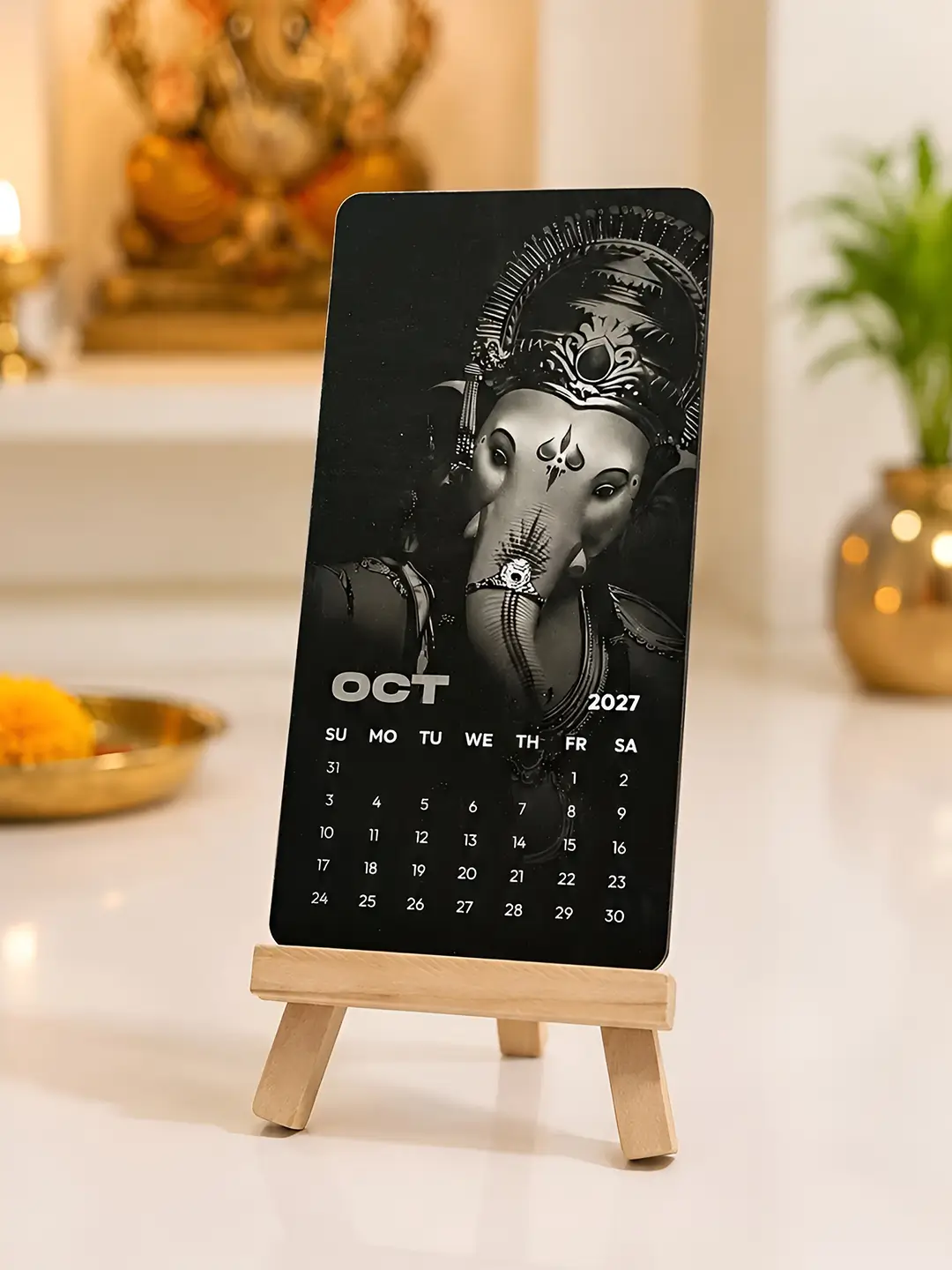 Lord Ganesha Mini Desk Calendar 2027 – Premium Wooden Stand Table Calendar | Ganpati Bappa Office & Home Decor Gift