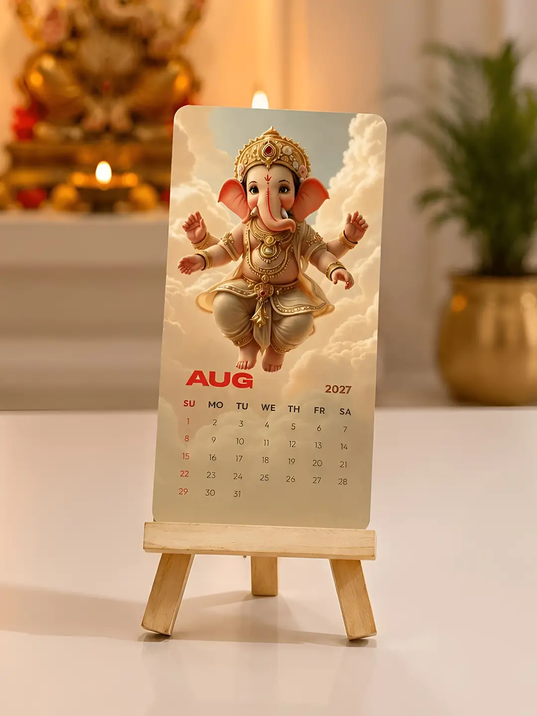 Lord Ganesha Mini Desk Calendar 2027 – Premium Wooden Stand Table Calendar | Ganpati Bappa Office & Home Decor Gift