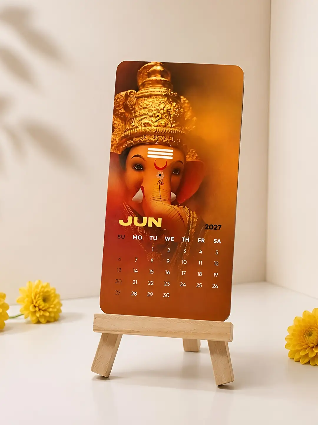 Lord Ganesha Mini Desk Calendar 2027 – Premium Wooden Stand Table Calendar | Ganpati Bappa Office & Home Decor Gift