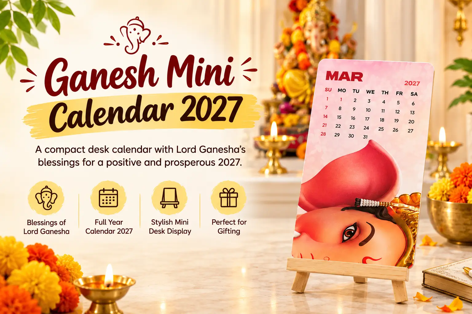 Ganesh Mini Calendar 2027 featuring Lord Ganesha design for a stylish desk display