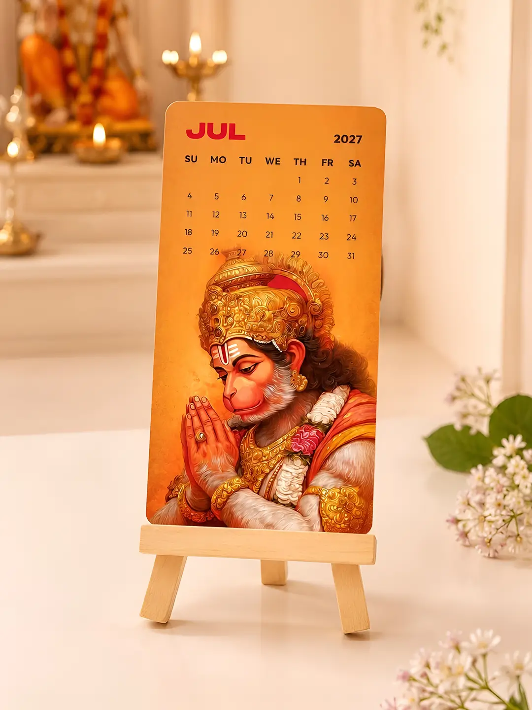Lord Hanuman Mini Desk Calendar 2027 with Wooden Stand for Office Desk and Home Decor
