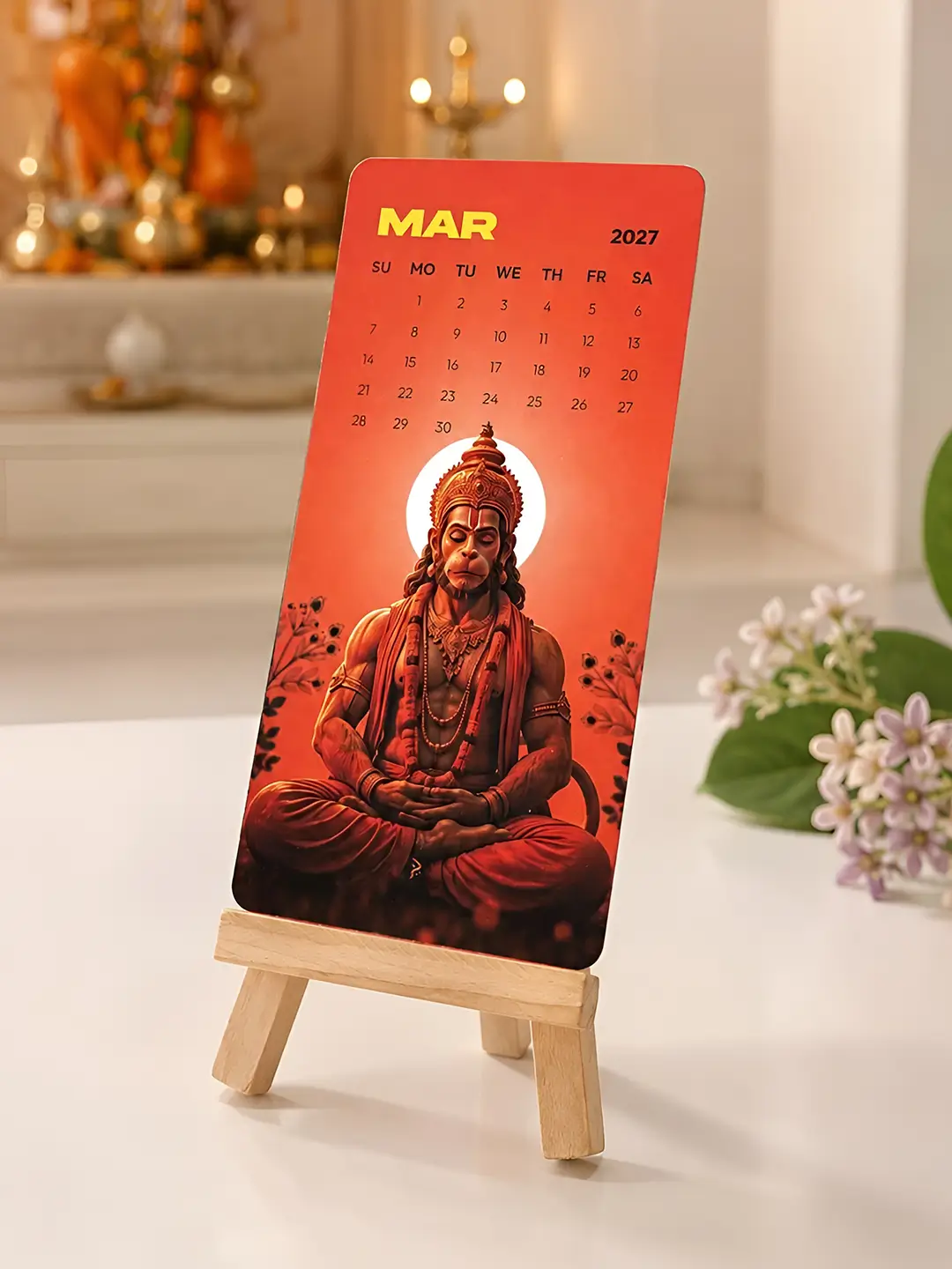 Lord Hanuman Mini Desk Calendar 2027 – Premium Wooden Stand Table Calendar | Bajrangbali Spiritual Office & Home Decor Gift