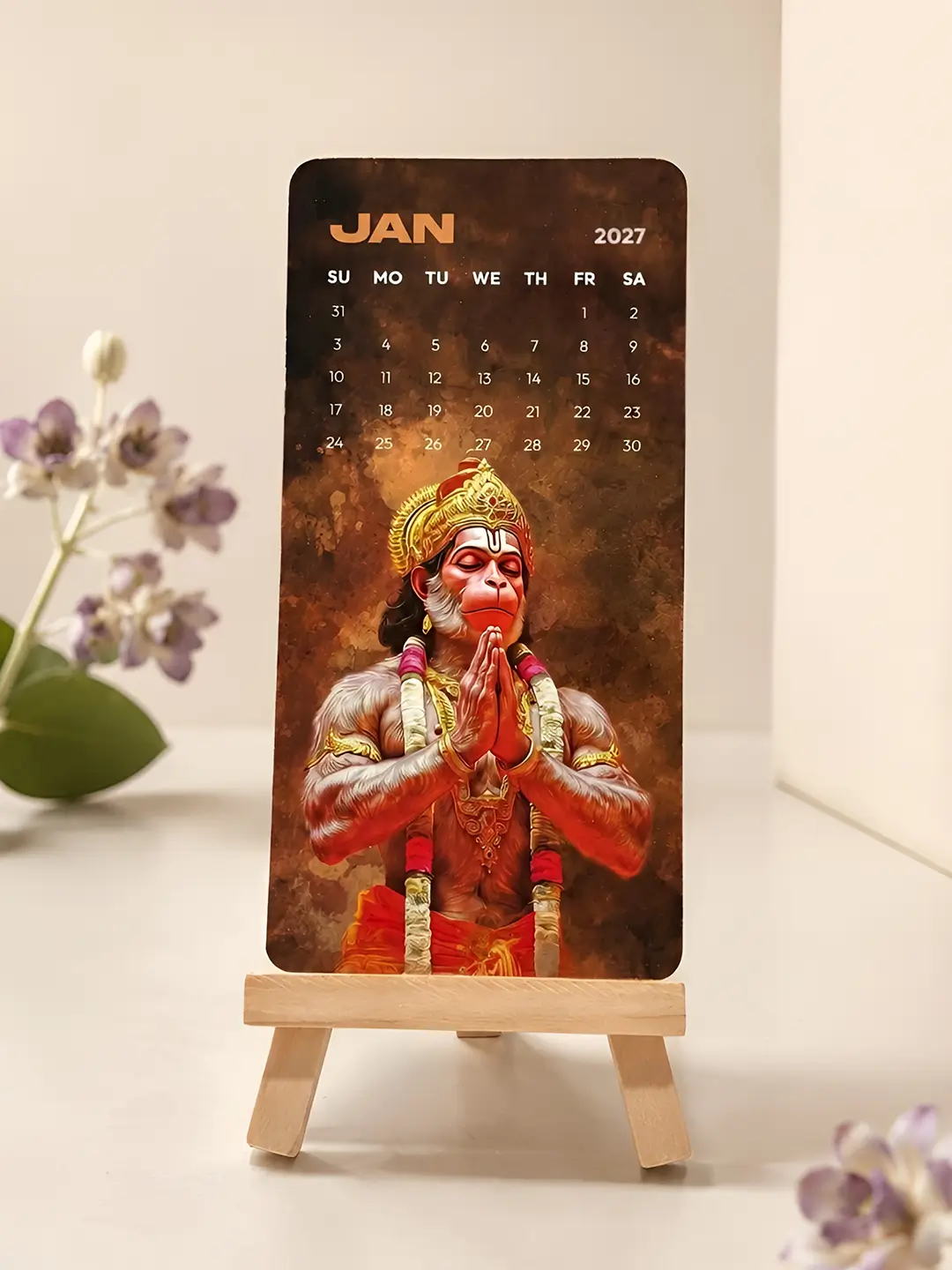 Lord Hanuman Mini Desk Calendar 2027 – Premium Wooden Stand Table Calendar | Bajrangbali Spiritual Office & Home Decor Gift