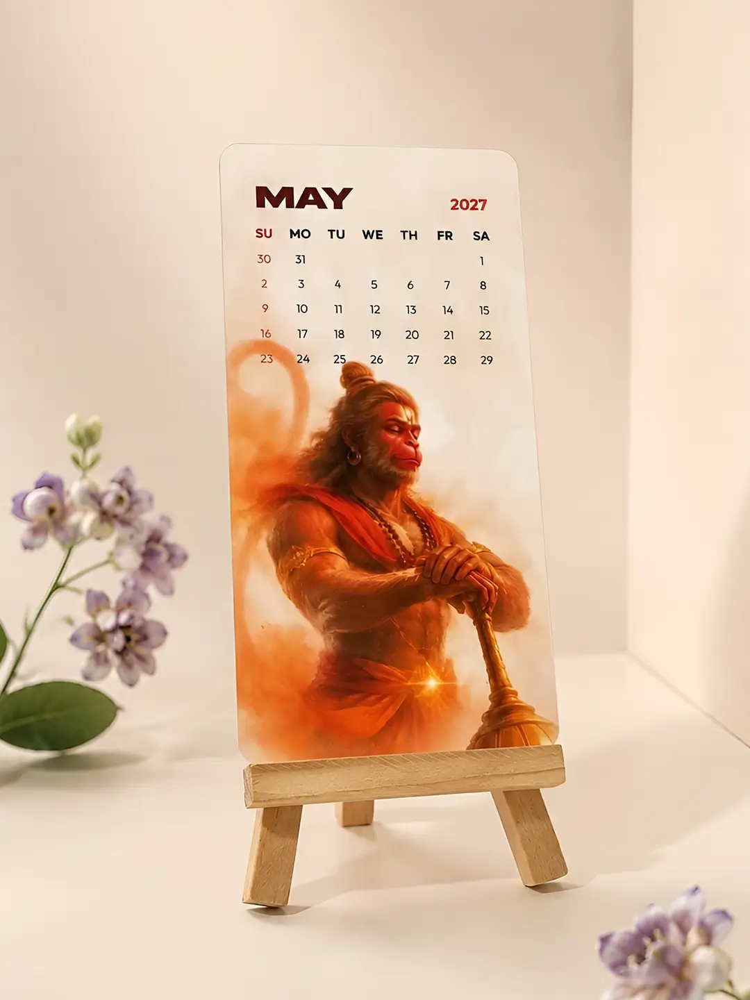 Lord Hanuman Mini Desk Calendar 2027 – Premium Wooden Stand Table Calendar | Bajrangbali Spiritual Office & Home Decor Gift