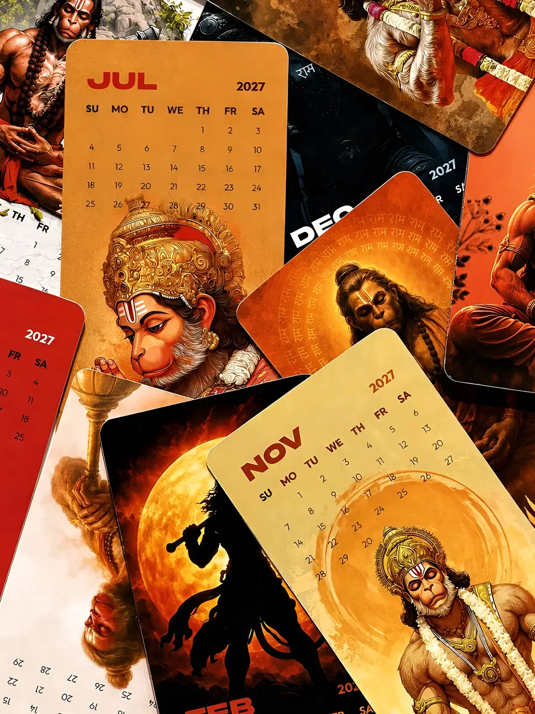 Lord Hanuman Mini Desk Calendar 2027 – Premium Wooden Stand Table Calendar | Bajrangbali Spiritual Office & Home Decor Gift
