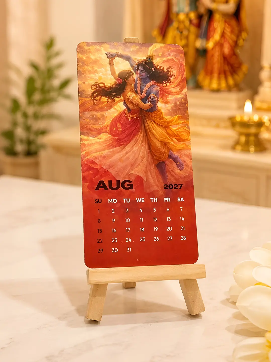 Krishna Mini Desk Calendar 2027 with 12 month calendar set and wooden stand