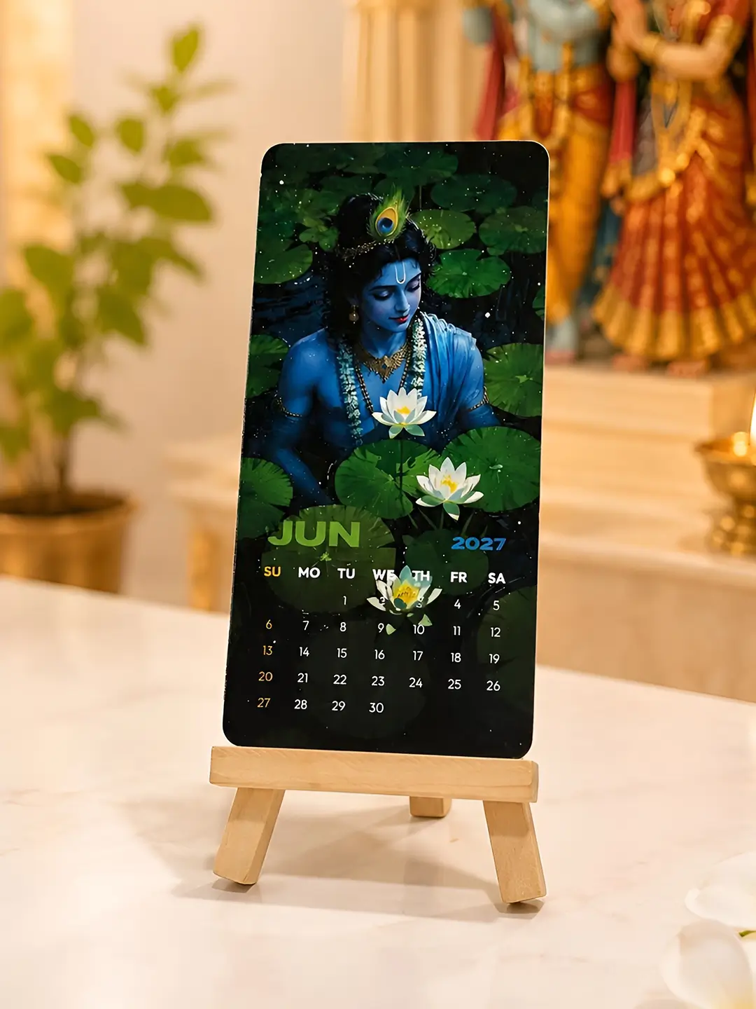 Krishna Mini Desk Calendar 2027 – 12-Month Wooden Stand Calendar