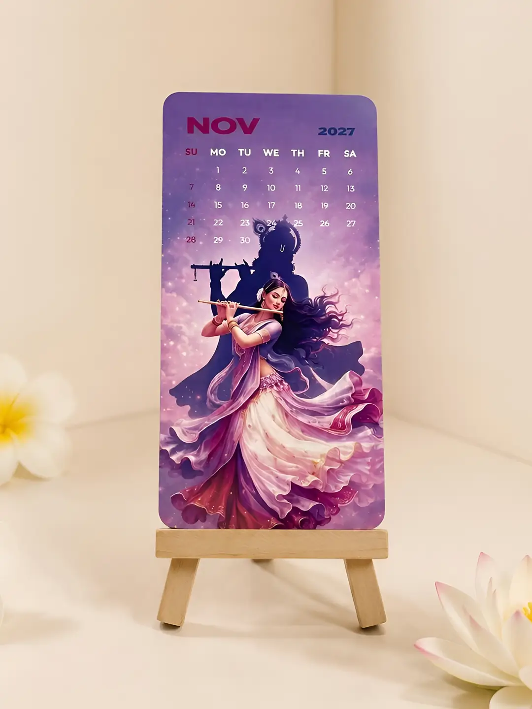 Krishna Mini Desk Calendar 2027 – 12-Month Wooden Stand Calendar