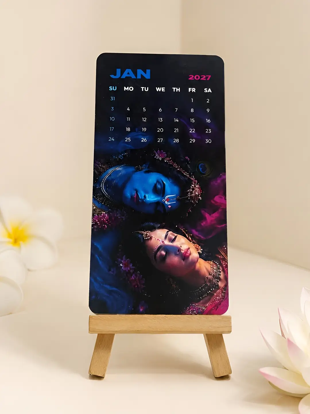 Krishna Mini Desk Calendar 2027 – 12-Month Wooden Stand Calendar