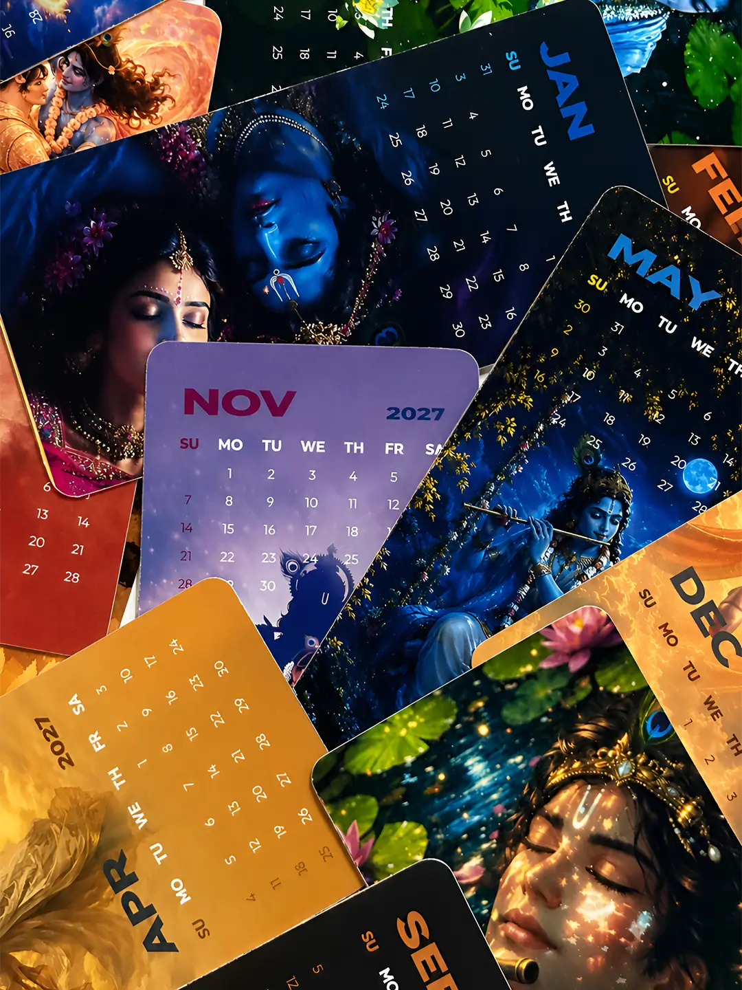 Krishna Mini Desk Calendar 2027 – 12-Month Wooden Stand Calendar