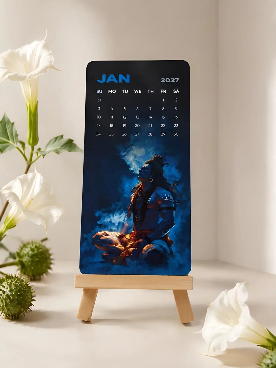 Lord Shiva Mini Desk Calendar 2027 with Wooden Stand for Office Desk and Home Decor