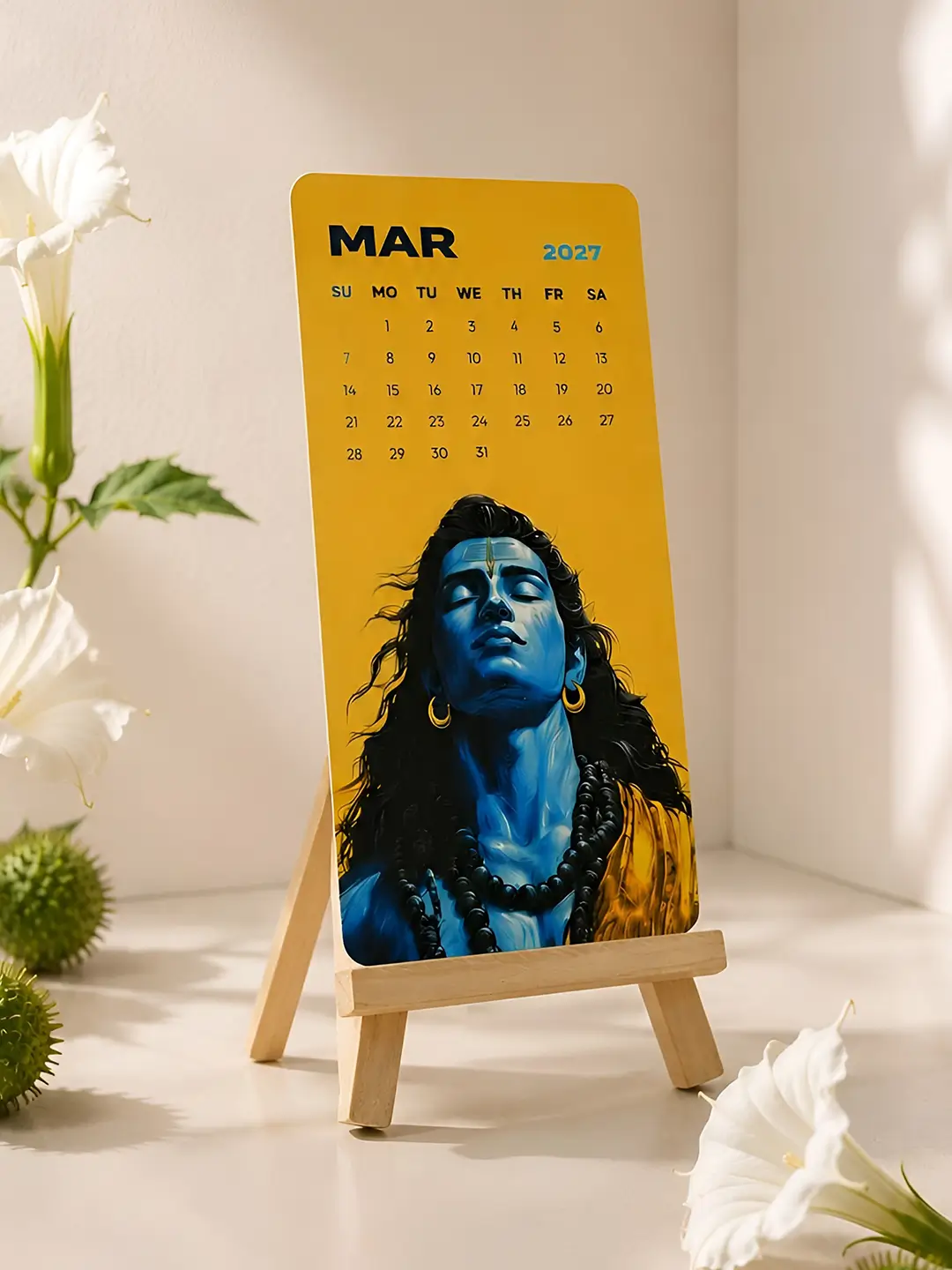 Lord Shiva Mini Desk Calendar 2027 – Premium Wooden Stand Table Calendar | Mahadev Spiritual Office & Home Decor Gift