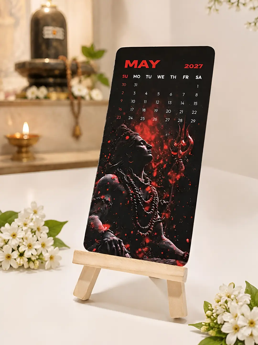 Lord Shiva Mini Desk Calendar 2027 – Premium Wooden Stand Table Calendar | Mahadev Spiritual Office & Home Decor Gift