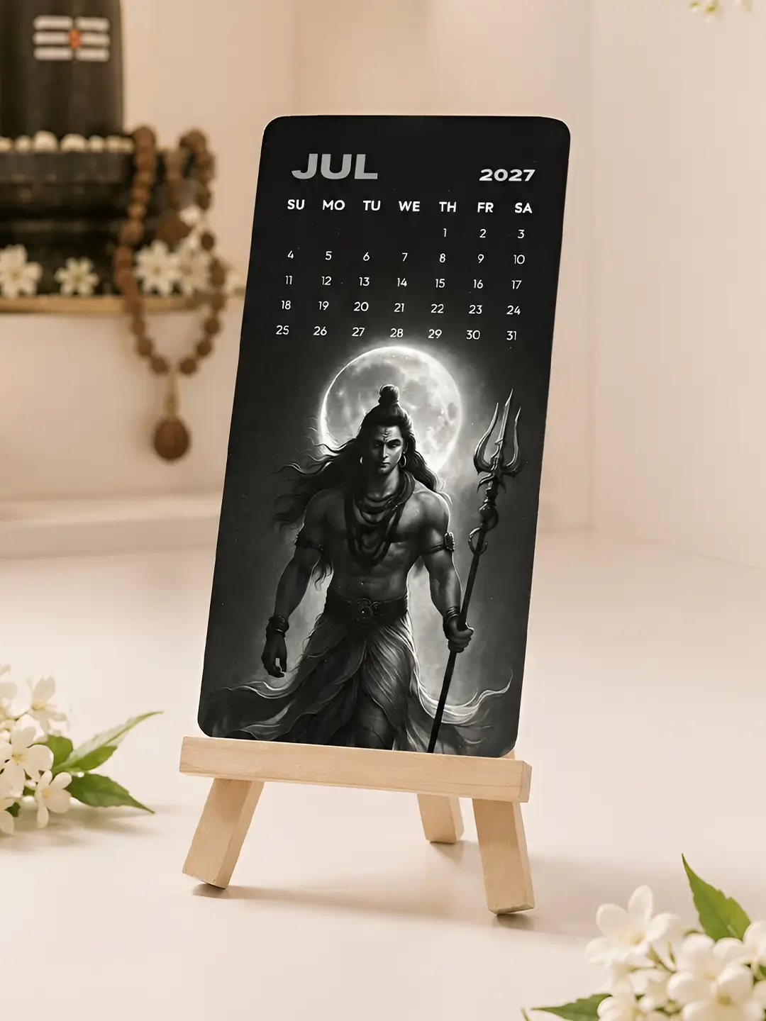 Lord Shiva Mini Desk Calendar 2027 – Premium Wooden Stand Table Calendar | Mahadev Spiritual Office & Home Decor Gift