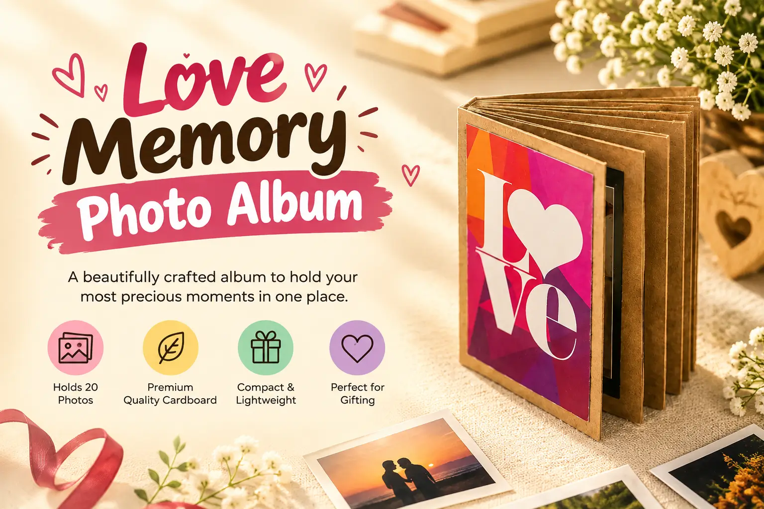 Love Memory Photo Album holding up to 20 photos for preserving cherished memories