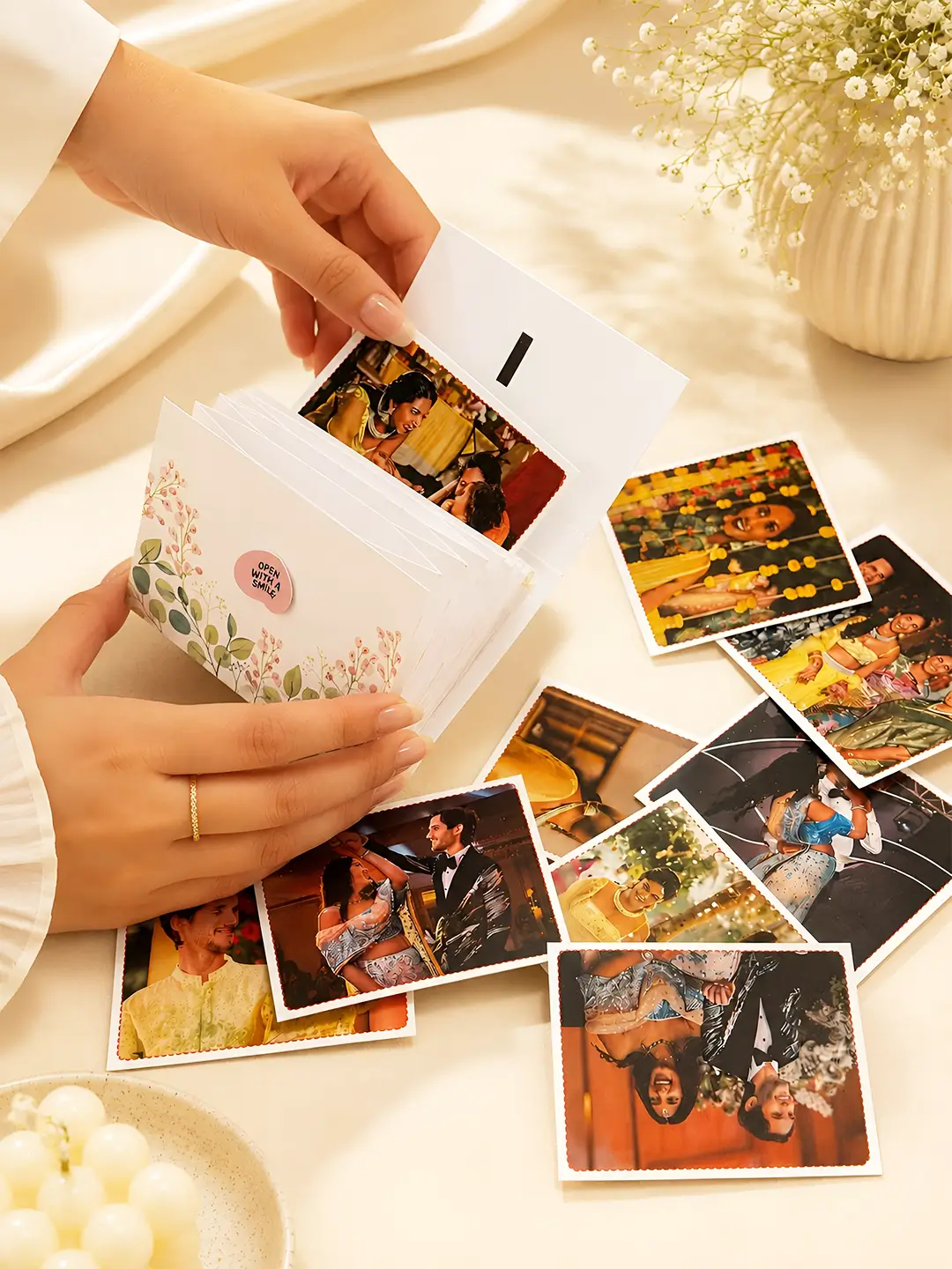 Love Note Mailing Bag Card personalized with 15 removable custom photos in a floral pocket-style greeting card