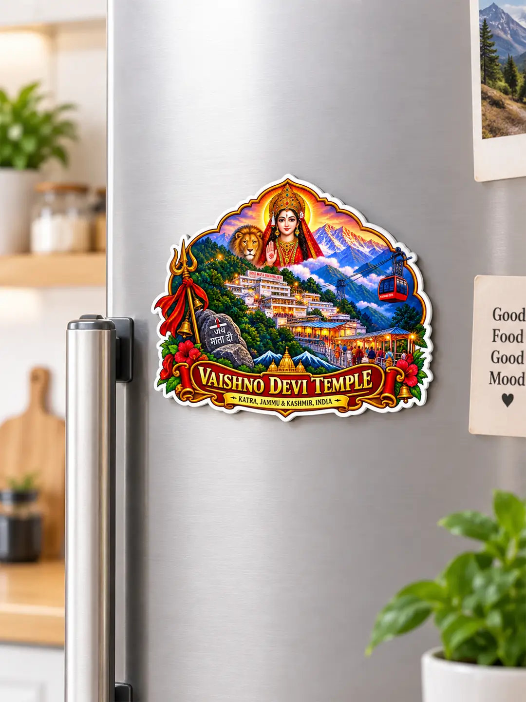 Maa Vaishnodevi Fridge Magnet – 4mm MDF Wooden Vaishno Devi Temple Magnet with Strong Back Magnet
