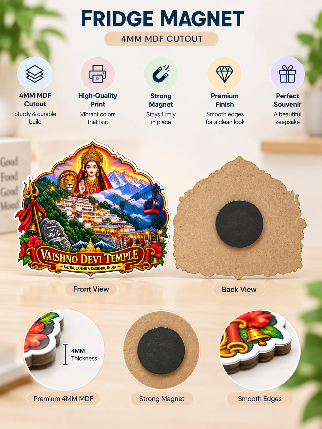 Maa Vaishnodevi Fridge Magnet – 4mm MDF Wooden Vaishno Devi Temple Magnet with Strong Back Magnet
