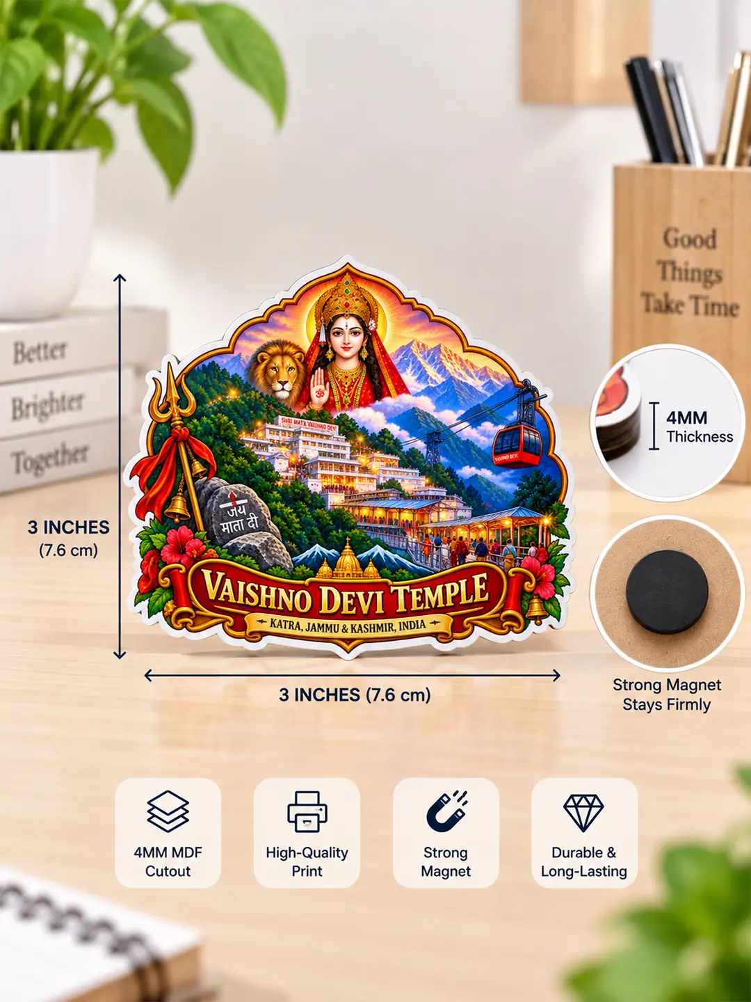 Maa Vaishnodevi Fridge Magnet – 4mm MDF Wooden Vaishno Devi Temple Magnet with Strong Back Magnet