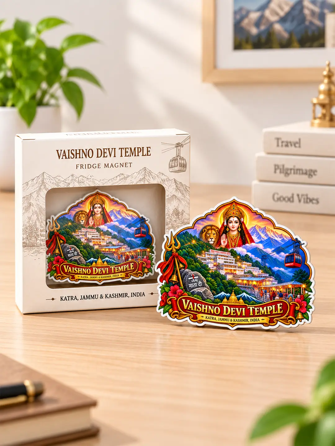 Maa Vaishnodevi Fridge Magnet – 4mm MDF Wooden Vaishno Devi Temple Magnet with Strong Back Magnet