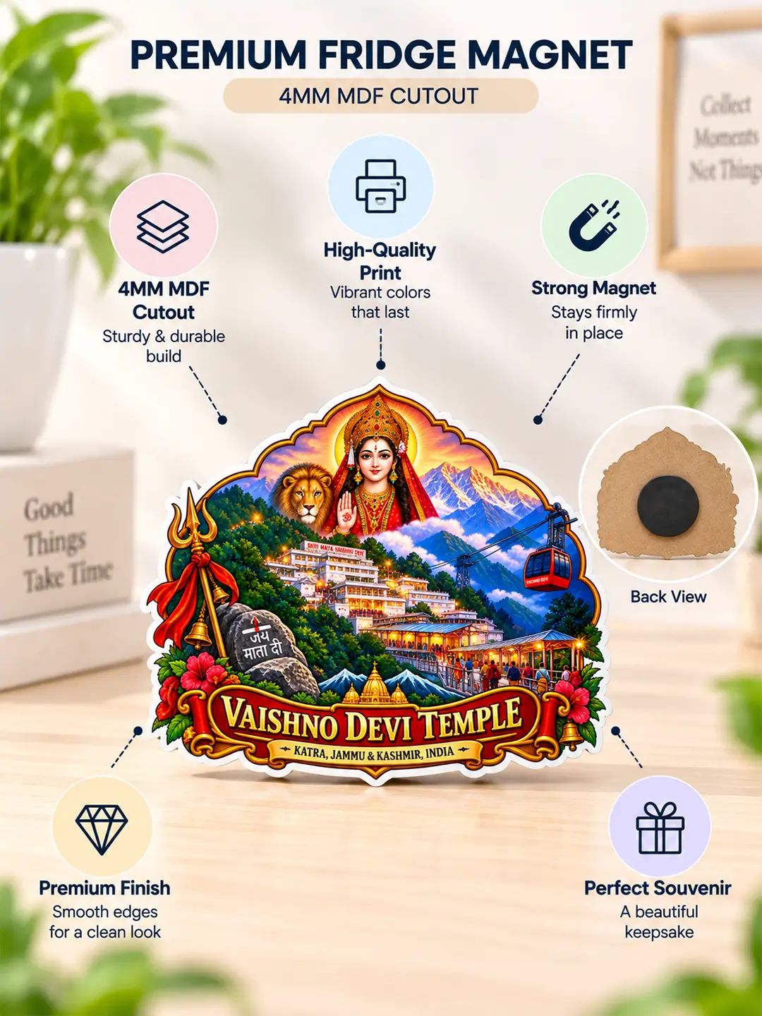 Maa Vaishnodevi Fridge Magnet – 4mm MDF Wooden Vaishno Devi Temple Magnet with Strong Back Magnet