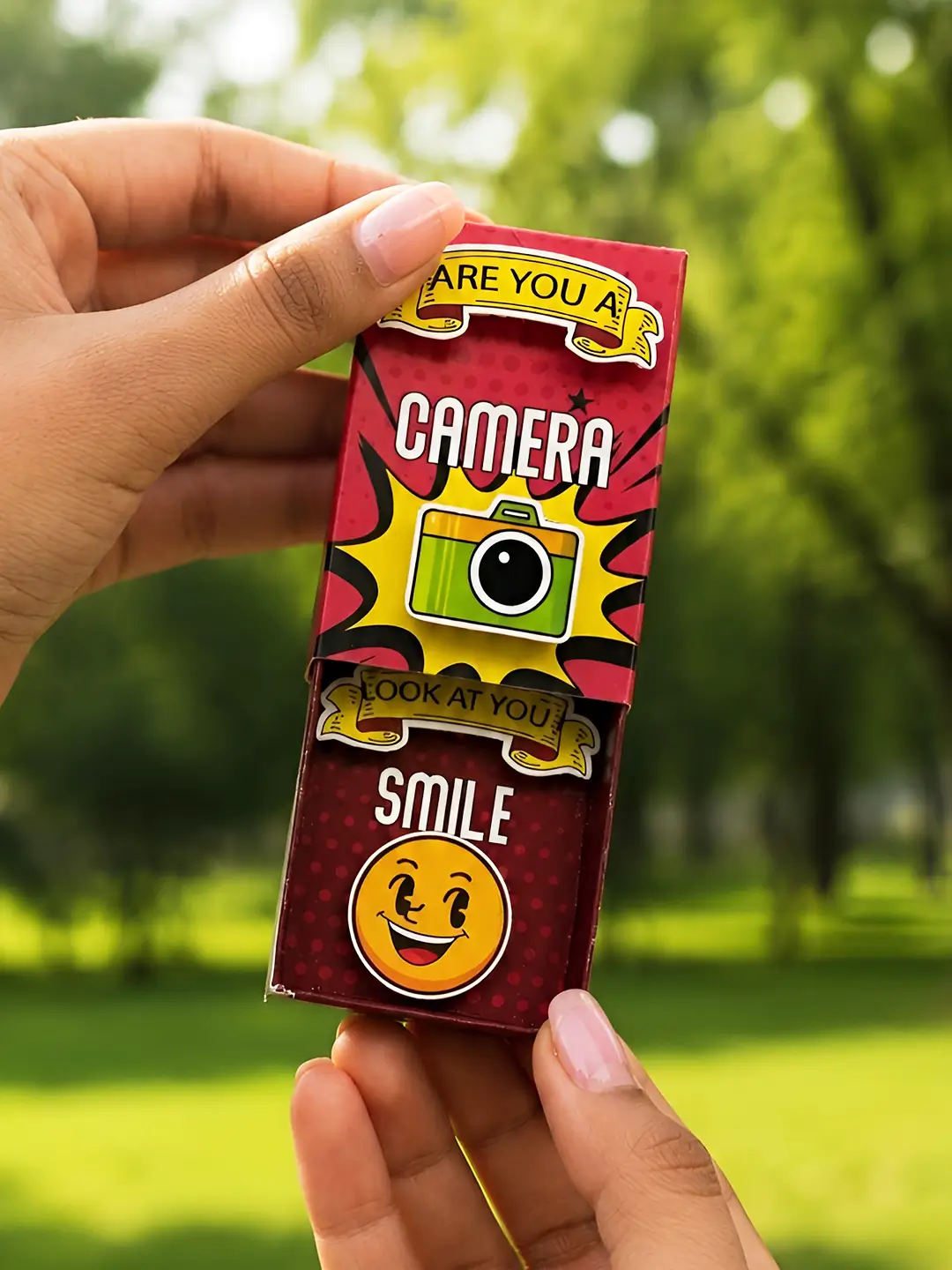 Are You a Camera Matchbox Fridge Magnet with colorful camera design and smile message