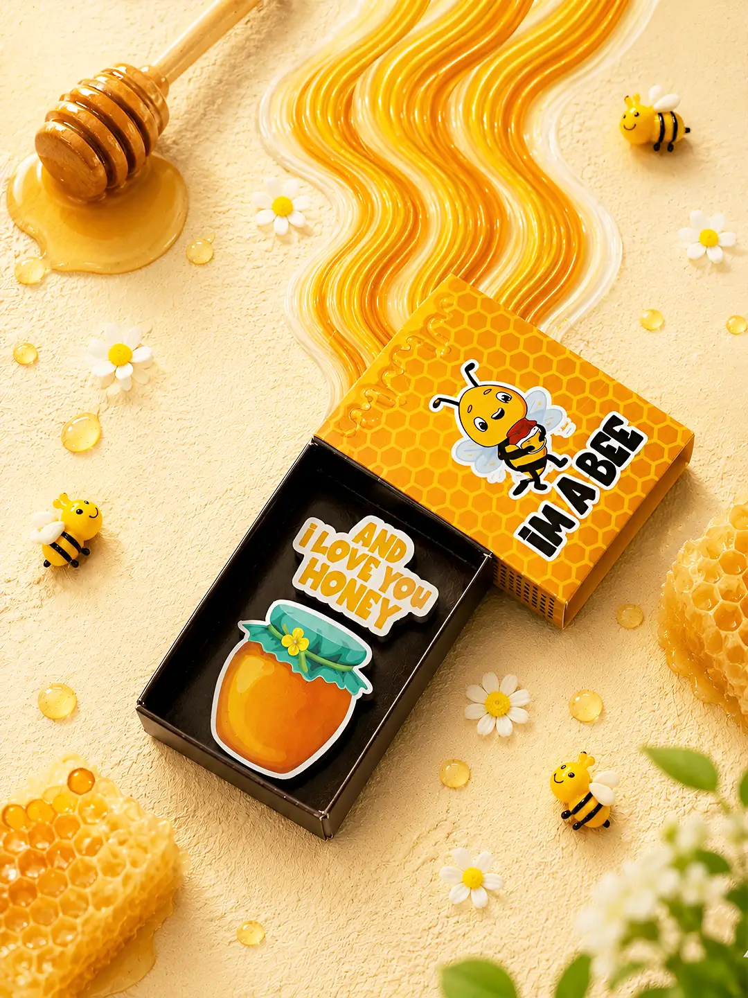 Honey Bunny Matchbox Fridge Magnet with cute bee, honeycomb design and honey jar love message