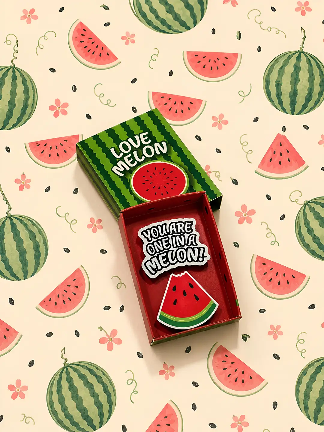 Cute Watermelon Matchbox Fridge Magnet with Sliding Drawer and One in a Melon Quote
