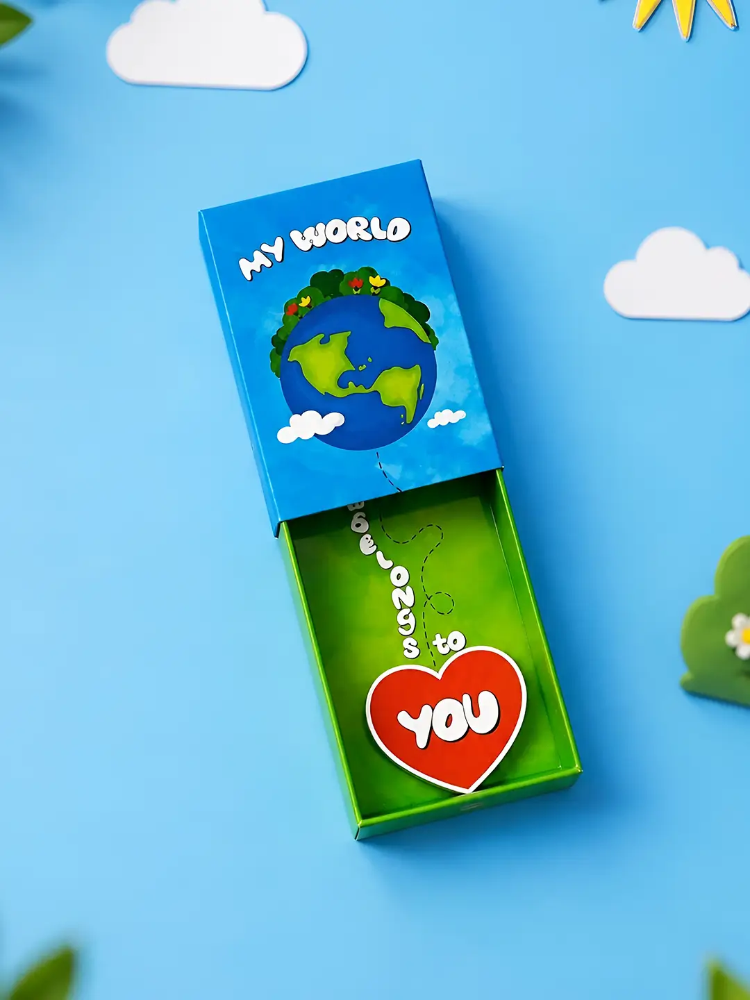 My World Belongs to You Matchbox Fridge Magnet with globe and red heart love message