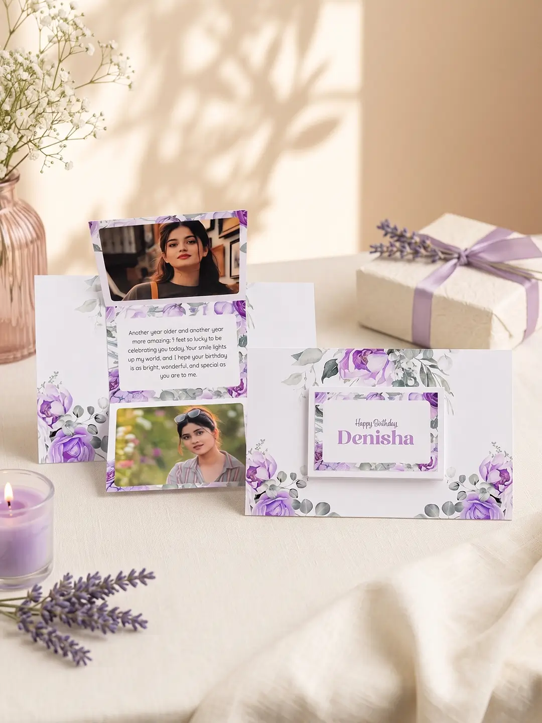 Personalized Memory Lane Photo Card with 9 photos and purple floral birthday theme