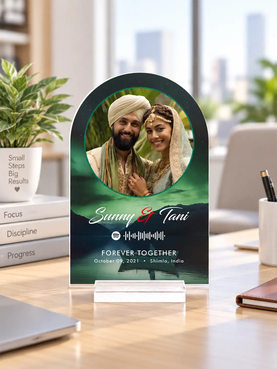 Midnight Aurora acrylic desk stand with couple photo, names, Spotify song and memorable date