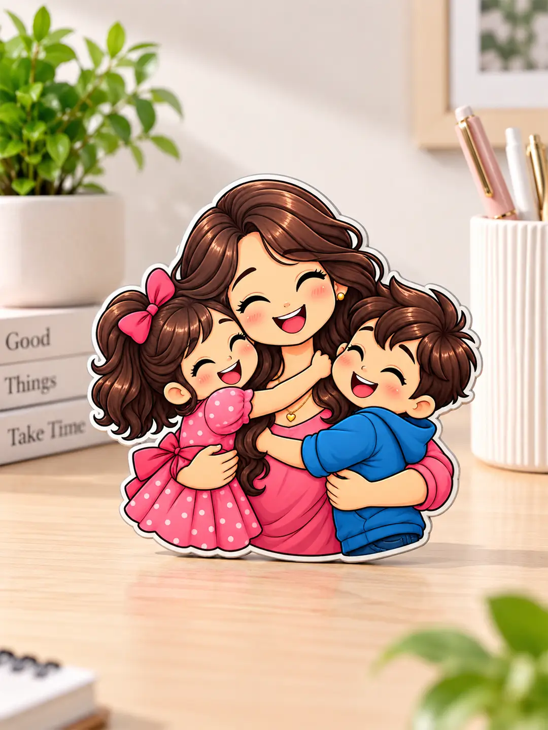 Mommy Love 4mm MDF fridge magnet featuring a mother embracing her children
