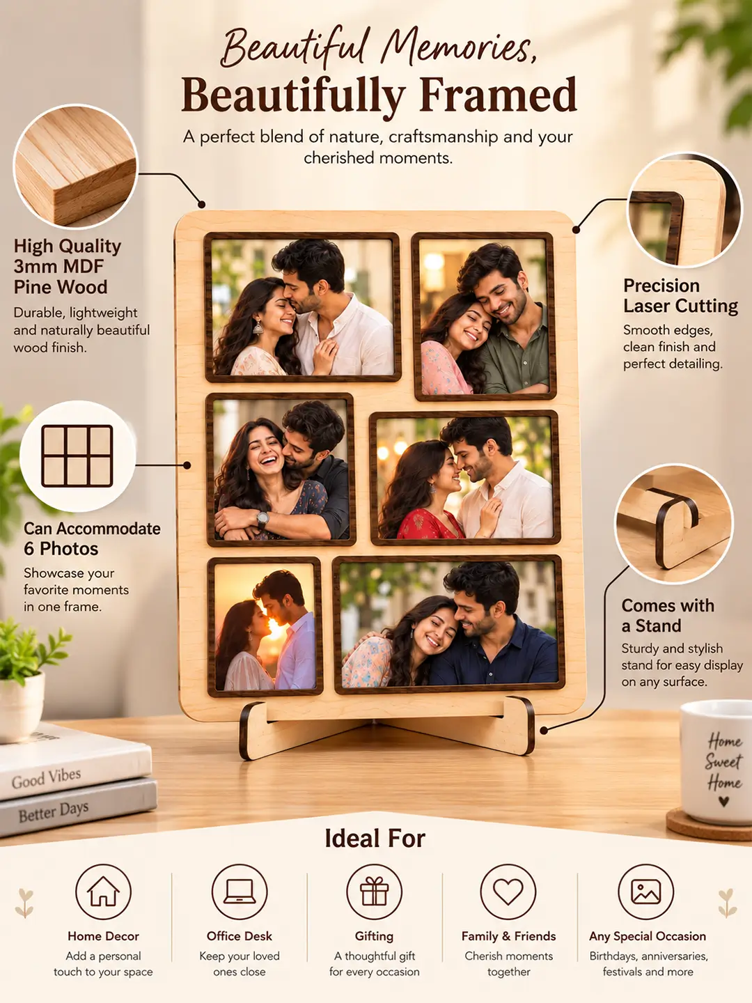 Monaco Desk Photo Frame – Wooden 6 Photo Collage Frame with Stand